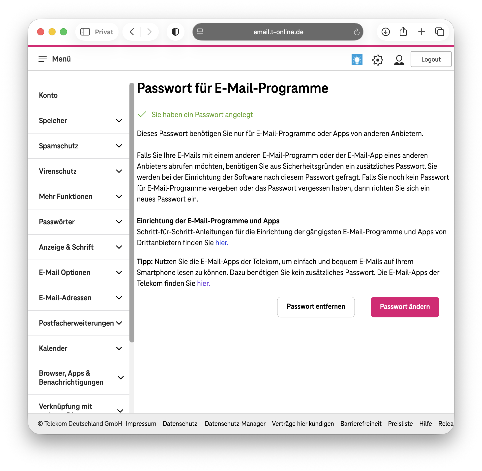 E-Mail-Passwort gespeichert