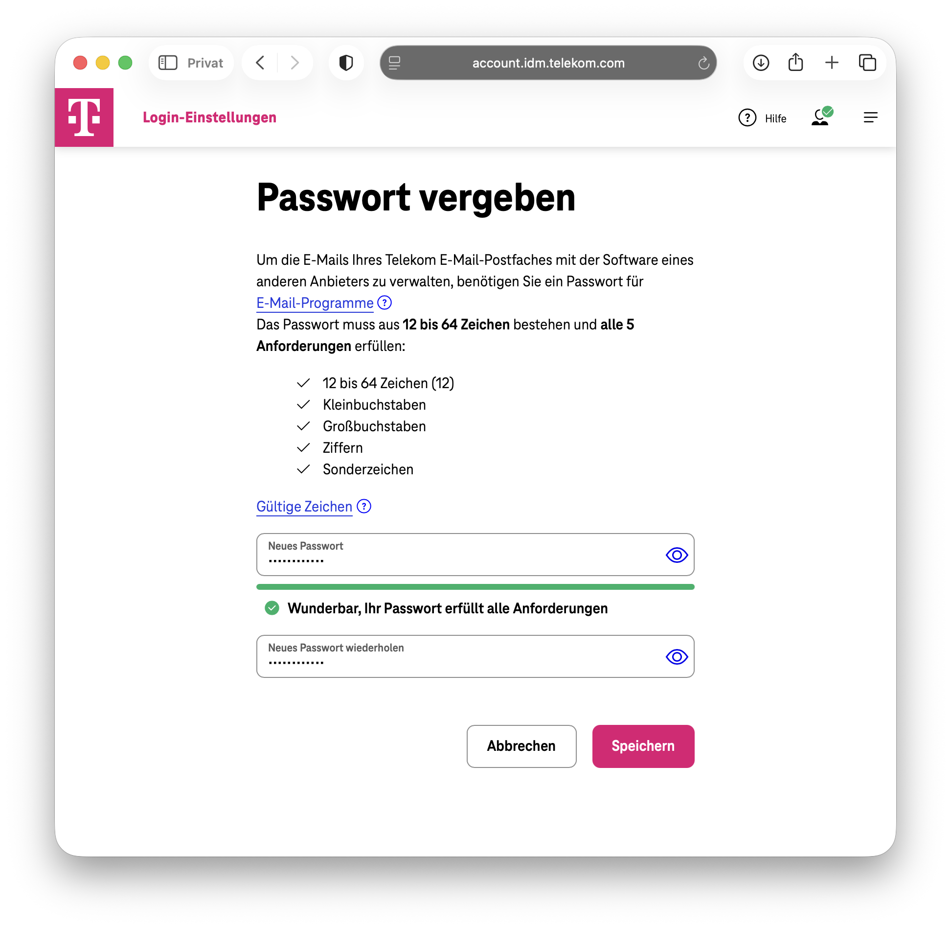 Eingabe des E-Mail-Passworts