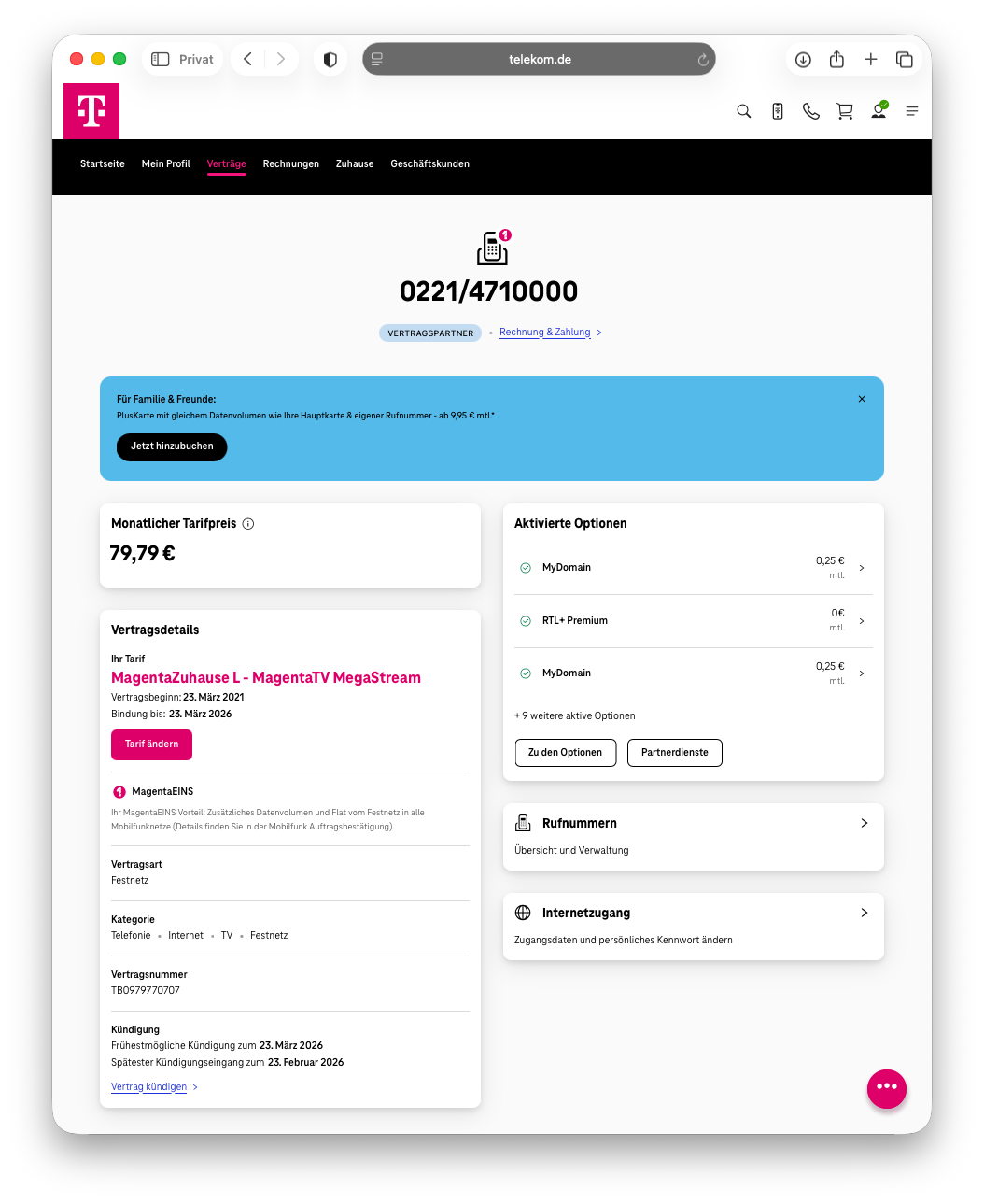 Telekom Kundencenter Festnetzvertragsansicht