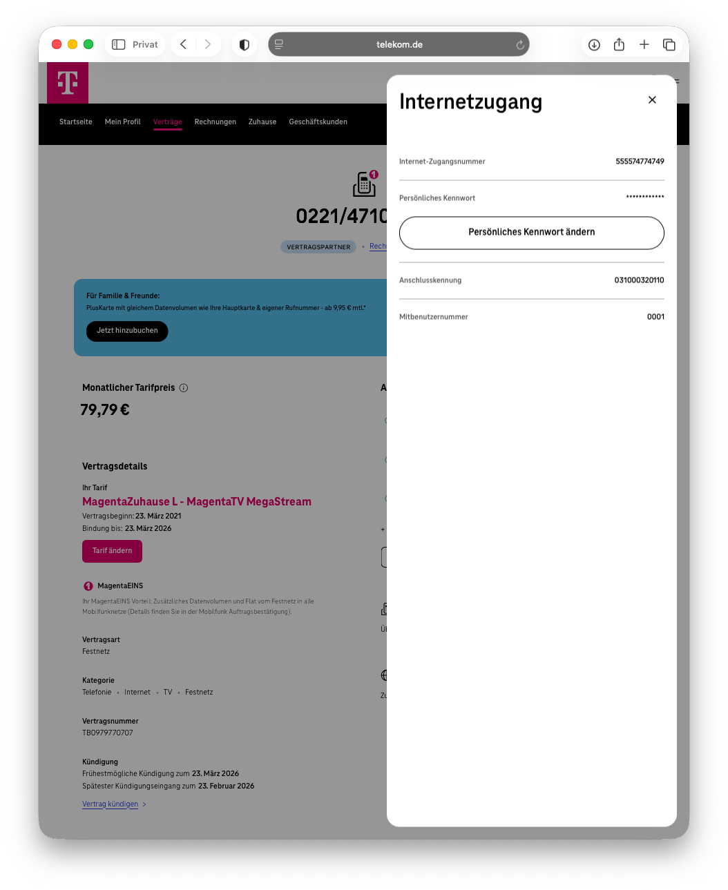 Telekom Kundencenter Festnetzvertragsansicht mit Internetzugangsdaten-Detailsicht