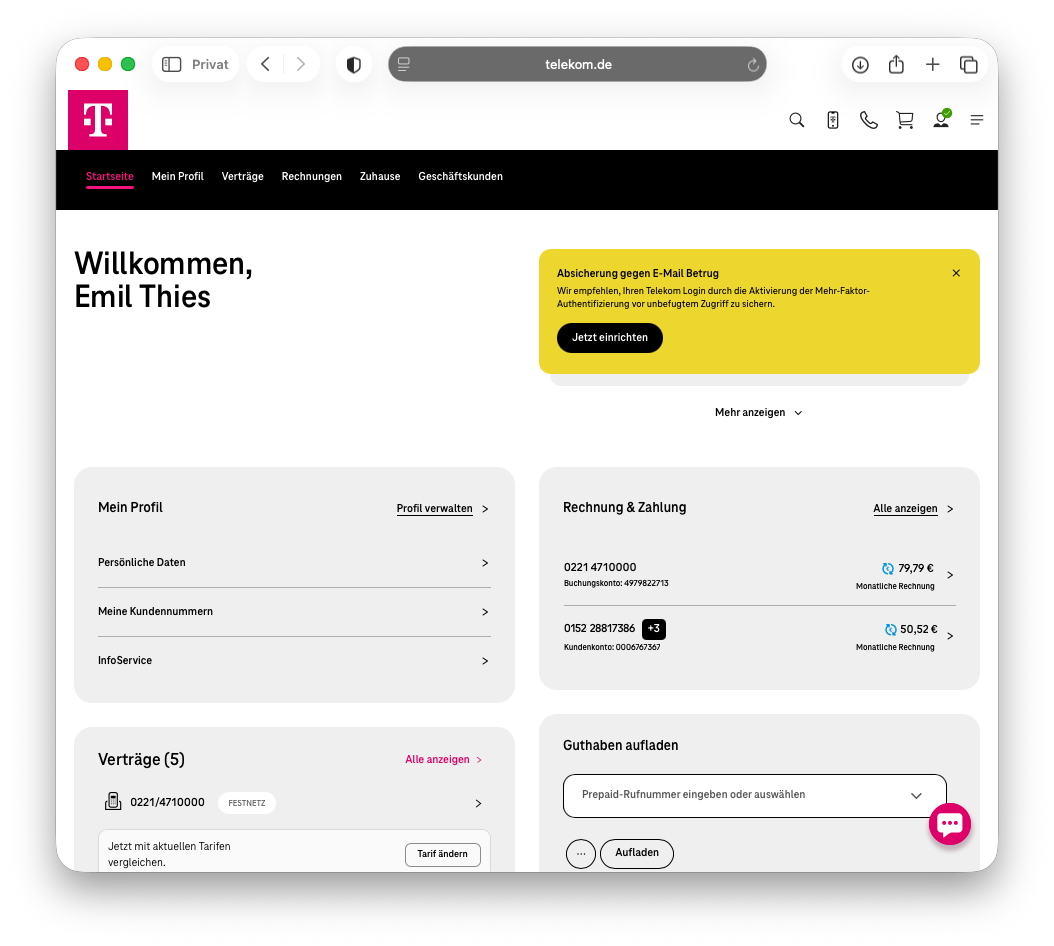 Telekom Kundencenter Übersichtsseite