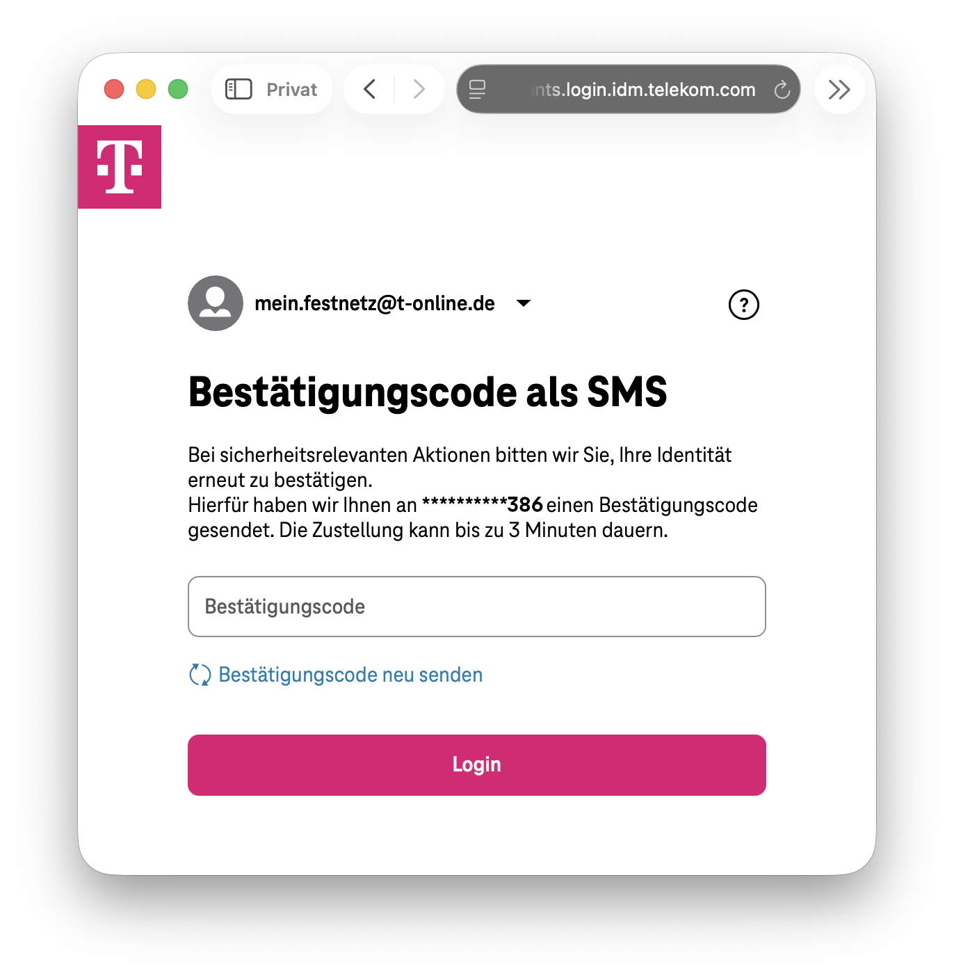 Telekom Kundencenter 2FA Abfrage vor der Internetzugangsdaten-Detailsicht