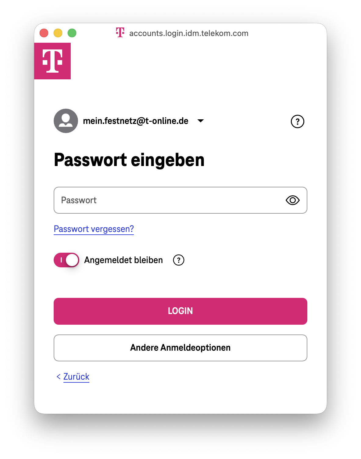 Telekom-Login nach Eingabe des Nutzernamens