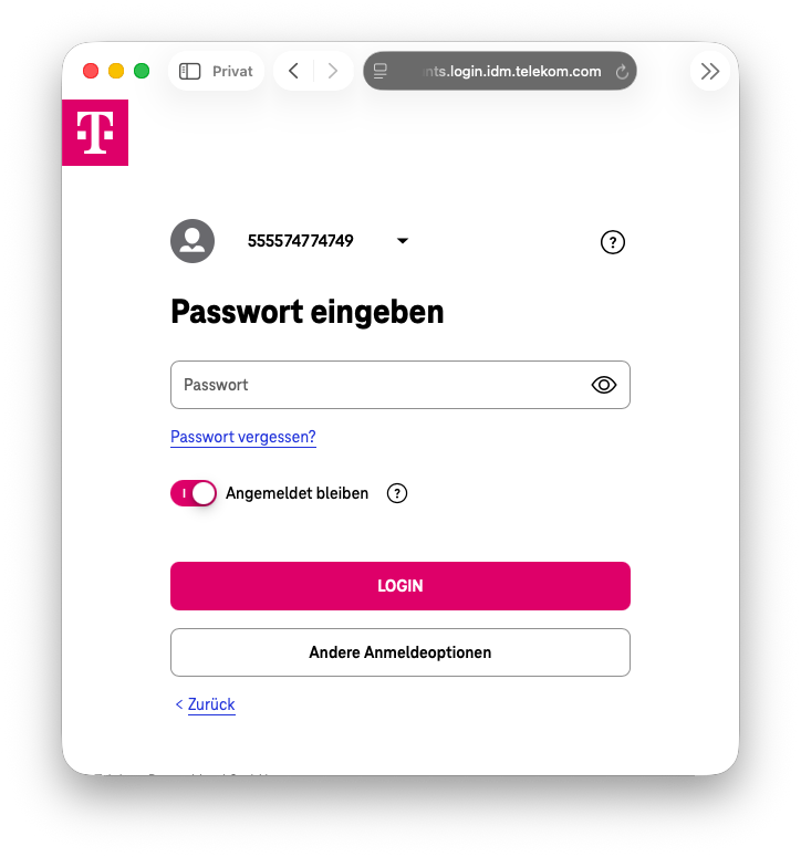 Telekom-Login nach Eingabe der Internetzugangsnummer