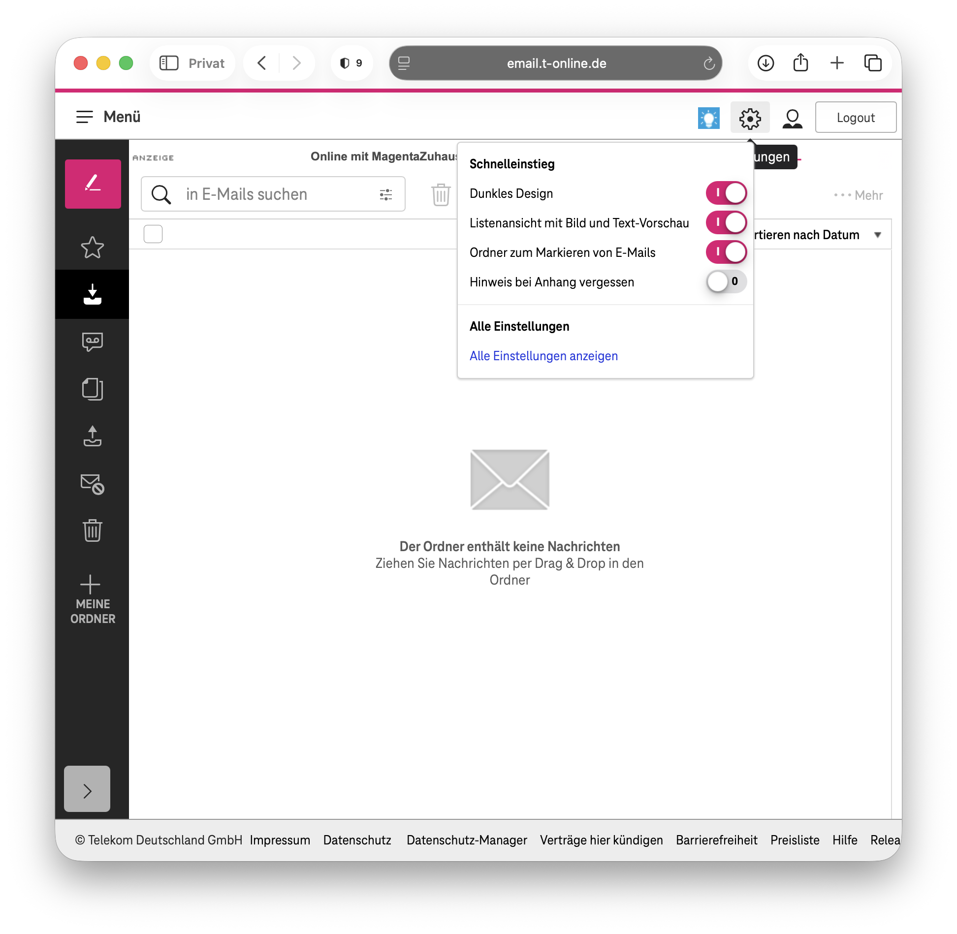E-Mail-Center Hauptansicht mit offenem Einstellungsmenü