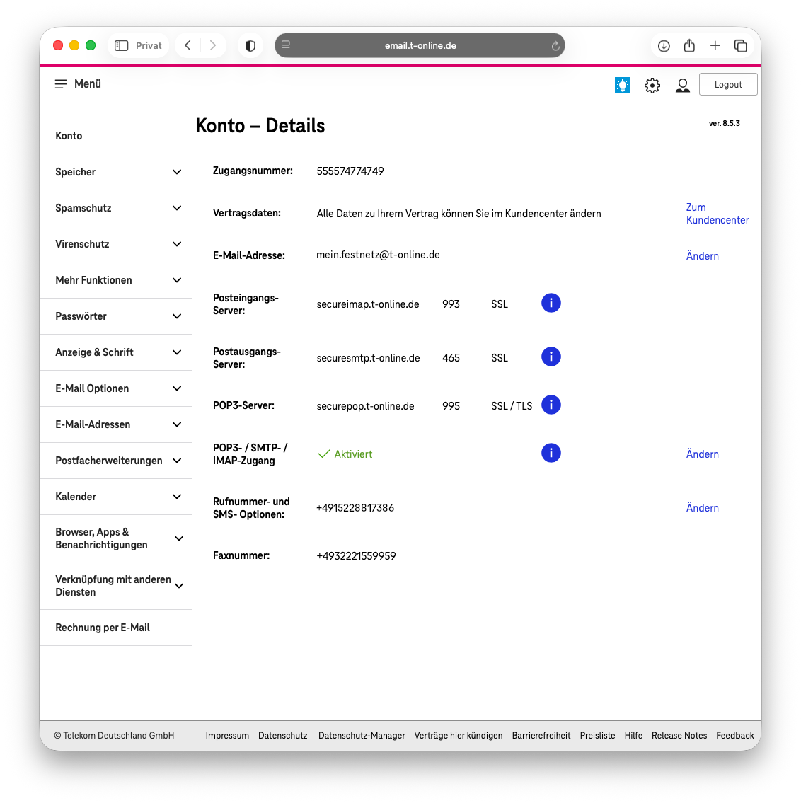 E-Mail-Center alle Einstellungen Übersicht